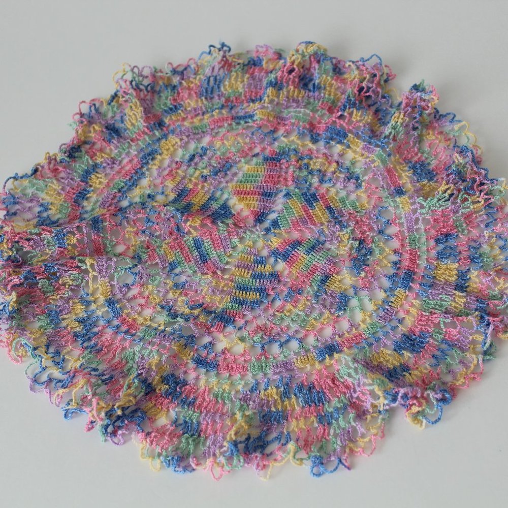 Vintage Round Hand Crocheted Pink Blue Variegated Ruffled Edge Doily